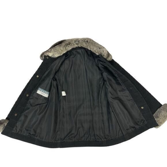 Grandi Faux Fur Trim Coat Women M Black Ribbed Classic Vintage 60s Luxury Jacket - Picture 5 of 16